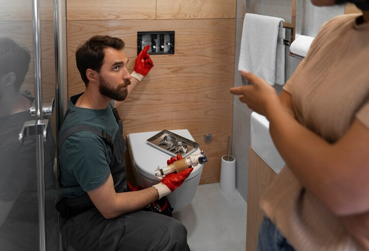 Plumber or maintenance technician inspecting an electrical outlet inside a modern bathroom