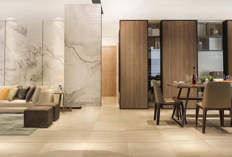 A modern, elegant living and dining area