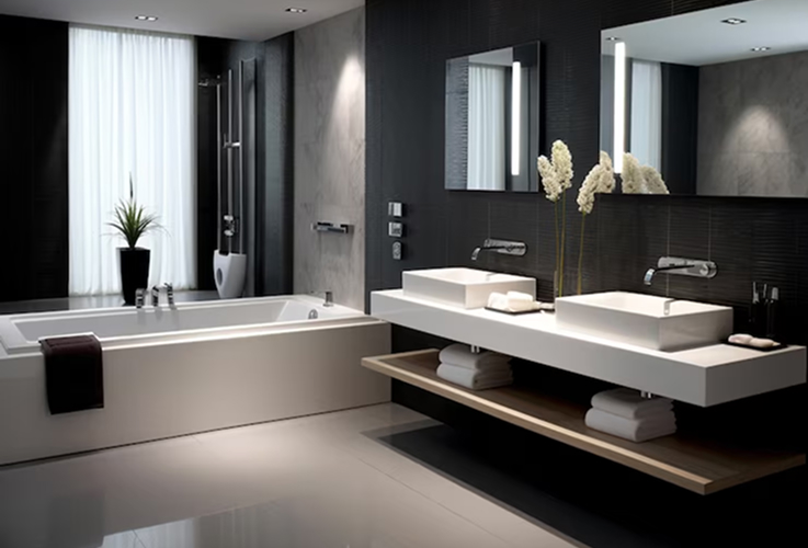 Modern bathroom with bathtub, double sinks, and flowers.