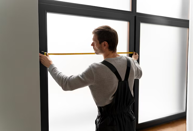 A man measuring a large window with a tape measure.
