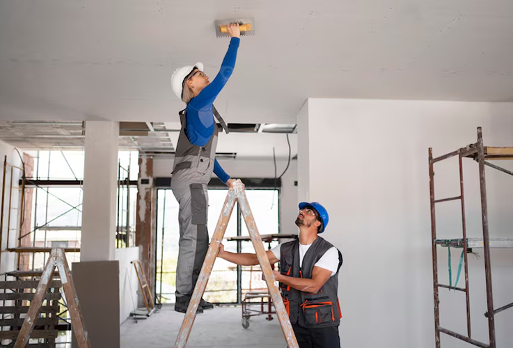 Construction workers installing ceiling