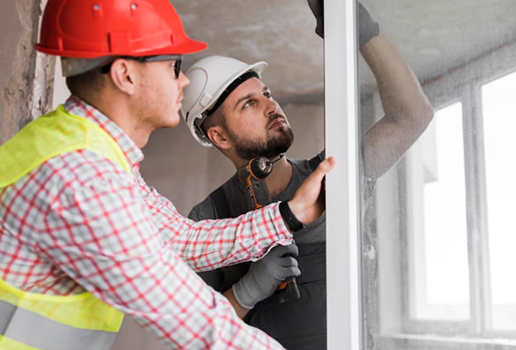 Construction workers installing or inspecting a glass window