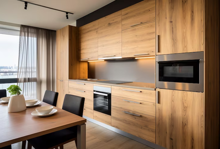 A modern kitchen wooden cabinets