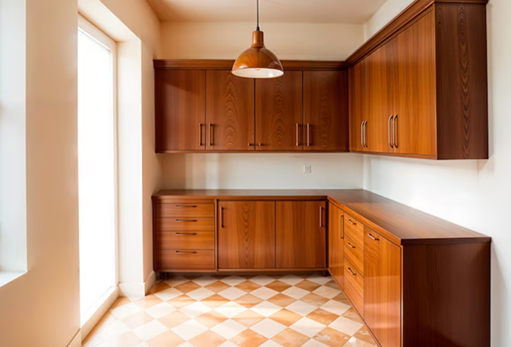 A corner of a room featuring wooden cabinets