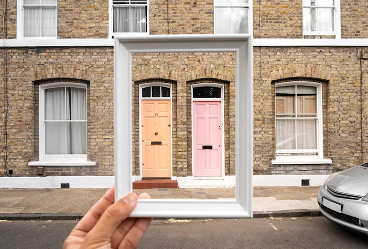 Person holding a white picture frame in front of modern brick