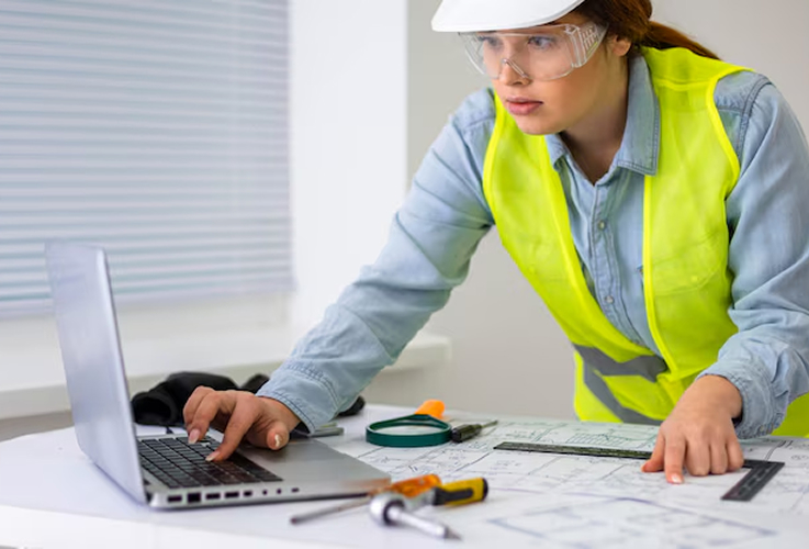 A female engineer or architect wearing a safety helmet