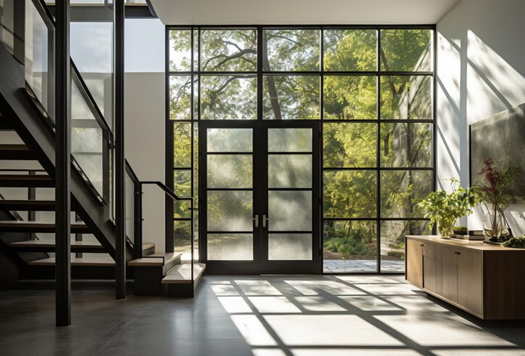 Modern interior with large black-framed glass window and door